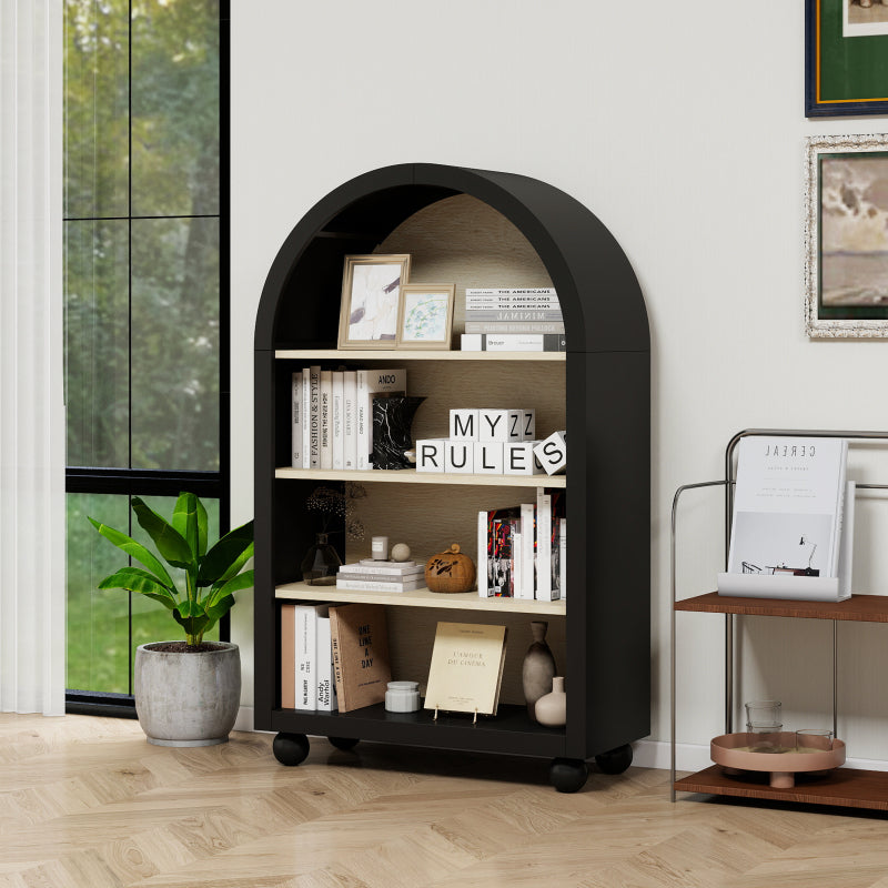 Schwarzes Bücherregal mit bogenförmigem Design, Höhe 120 cm, geeignet für Wohnzimmer, Schlafzimmer, Arbeitszimmer und Büro
