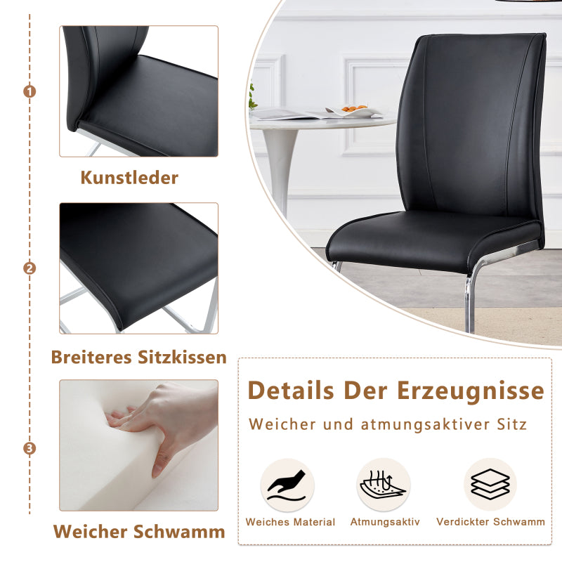 Elegantes Design im europäischen Stil: 4 bequeme Stühle in schwarzem PU-Material mit silbernen Metallbeinen