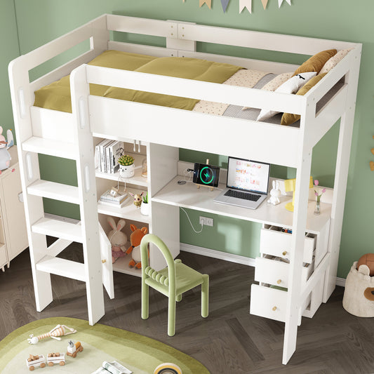 Kinderbett Hochbett mit USB-C Schreibtisch, Kleiderschrank und Aktenschrank, Jugendbett  Einzelbett mit Treppe und Lattenrost, Stauraum,90×200, Ohne Matratze