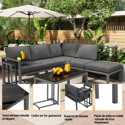 Garten Loungesessel Set, Eckloungesessel, Gartenmöbel für 4-5 Personen, mit Beistell- und Couchtisch, wetterfeste Loungemöbel, grau, 5er Set, inkl. aller Kissen(preview sku:HW24018AAS)