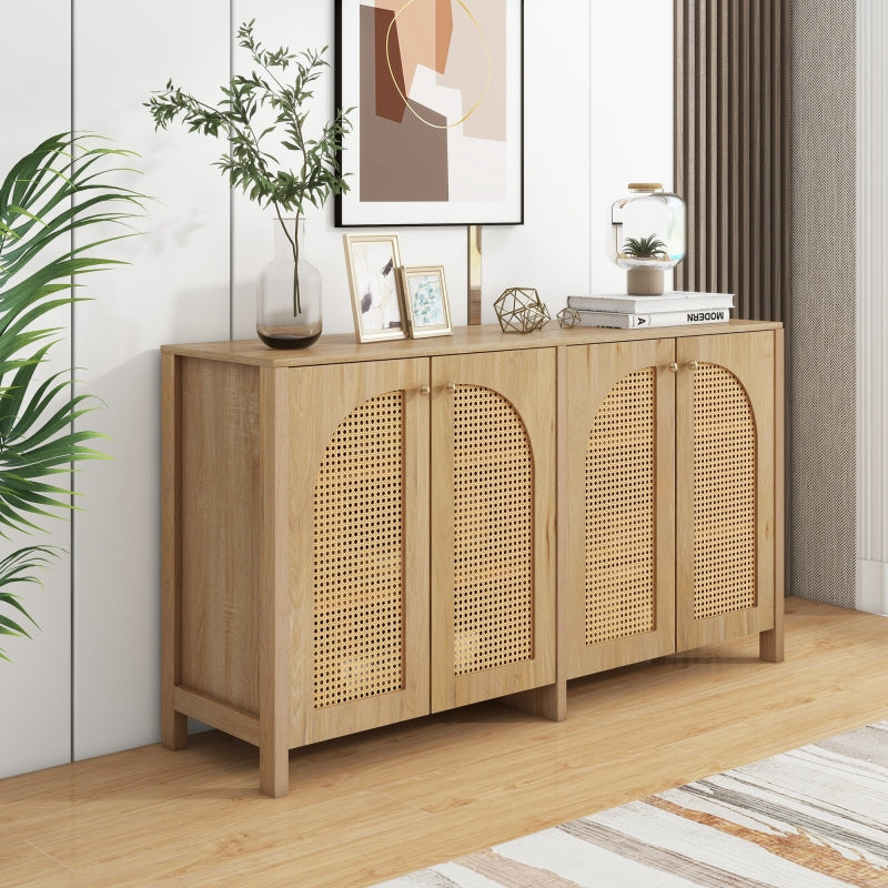Modernes Sideboard im minimalistischen Stil 4-Rattantür, Metallgriff einfaches Buffetschrank für Esszimmer, Wohnzimmer, Küche (Naturholz)