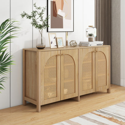 Modernes Sideboard im minimalistischen Stil 4-Rattantür, Metallgriff einfaches Buffetschrank für Esszimmer, Wohnzimmer, Küche (Naturholz)