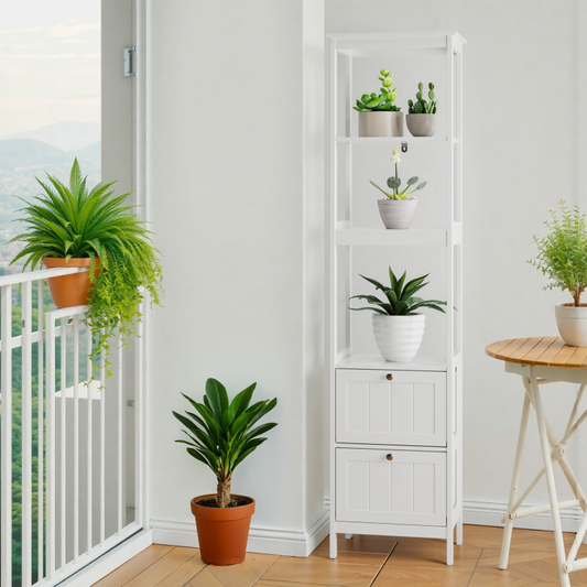 Schmaler Hochschrank, Badezimmerschrank mit 2 Schubladen und 3 Einlegeböden, 40Lx30Bx160Hcm, Weiß
