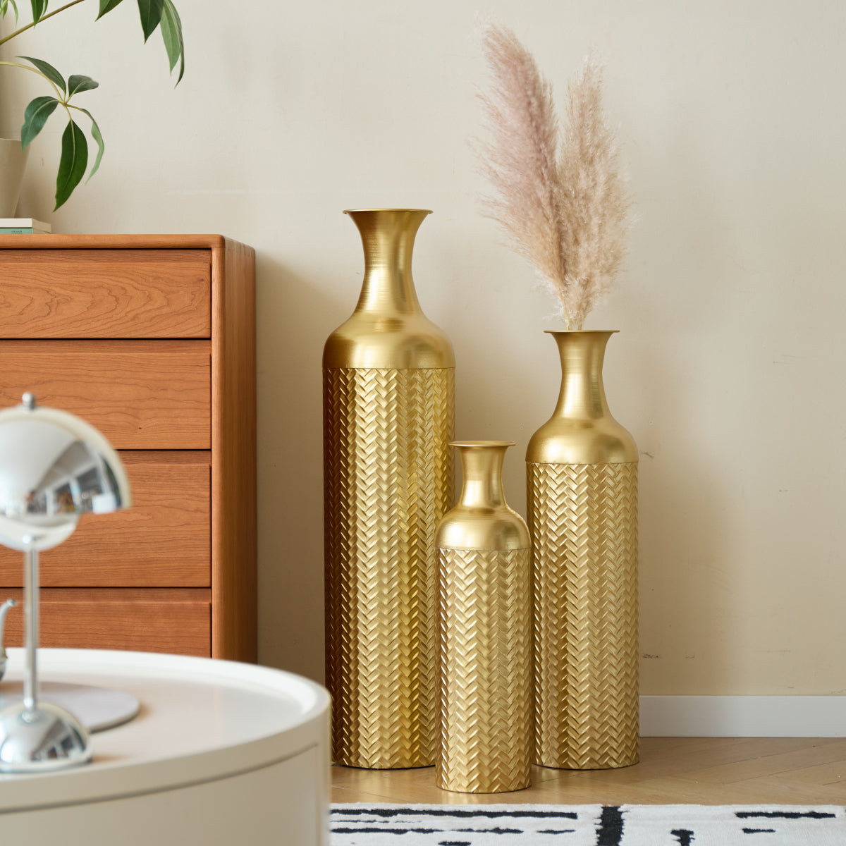 3er Set Bodenvase Metall, Gold, Retro Stil, Hohe Dekovasen 83/65/50 cm