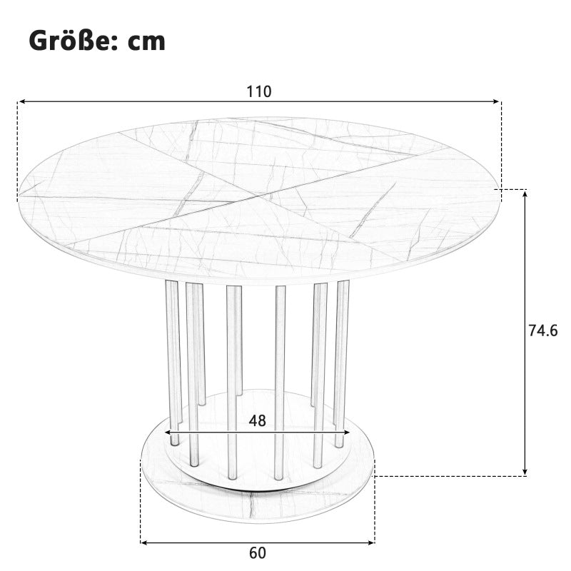 Runder Esstisch mit Marmoroptik Modernes Design mit Metallgestell, Weiß+Gold