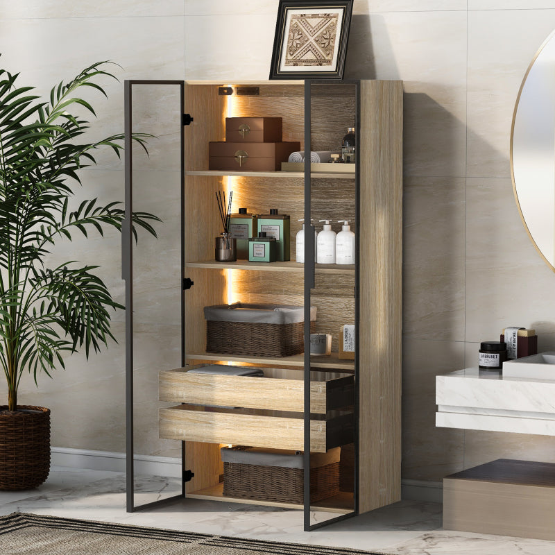 Badezimmerschrank, mittel, mit Lichtleiste, 73 cm breit, mit 2 großen Schubladen und 2 Türen, Glastür