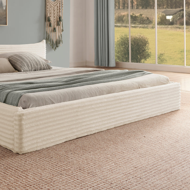 Doppelbett 140*200cm, mit Samtweichem Chenille-Bezug & Elegantem Kleinkantendesign am Kopfende, Beige (ohne Matratze)