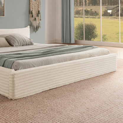 Doppelbett 140*200cm, mit Samtweichem Chenille-Bezug & Elegantem Kleinkantendesign am Kopfende, Beige (ohne Matratze)