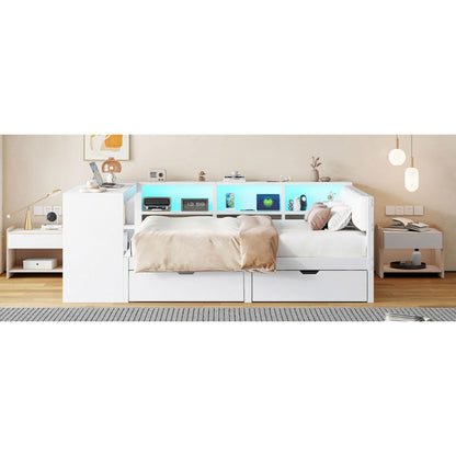140x200 Holz-Plattformbett mit Ablageflächen, Schubladen, Ladestation und gepolstertem Kopfteil, Mit bunten LED-Leuchten, Weiß