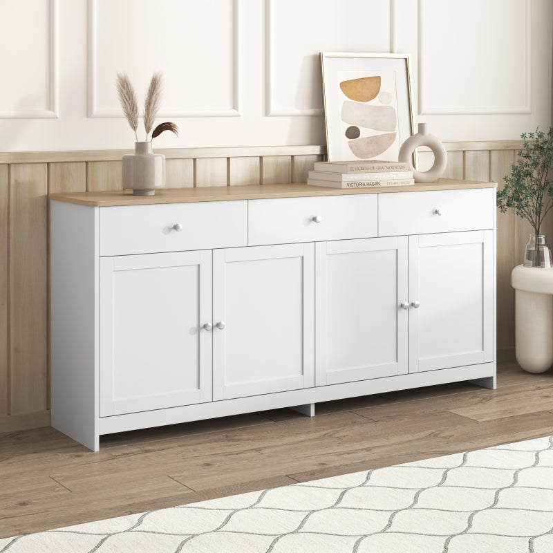 Sideboard mit weißer Holzmaserung, vier Türen, mit drei Schubladen, Wohnzimmer, Esszimmer. Holzfarbe und Weiß