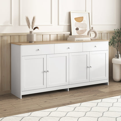 Sideboard mit weißer Holzmaserung, vier Türen, mit drei Schubladen, Wohnzimmer, Esszimmer. Holzfarbe und Weiß