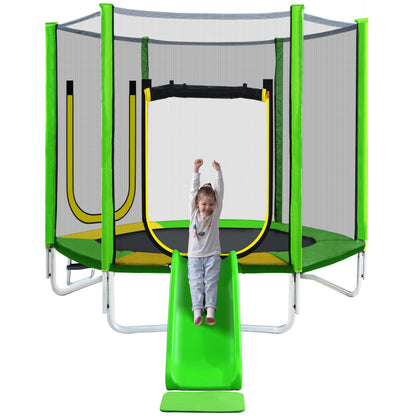 Kinder Trampolin Outdoor Ø 213 cm Gartentrampolin mit Rutsche, Leiter, Netz, Doppeltür und Gepolsterten Stangen,TÜV Zertifiziert,bis 100 kg