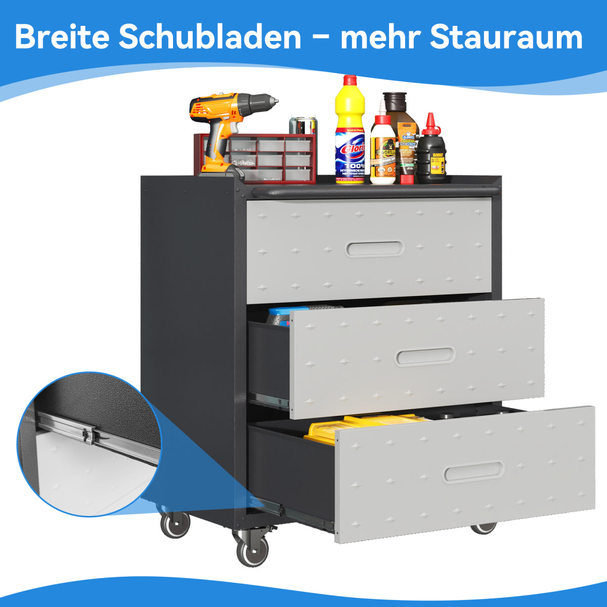 Werkzeugschrank Metall rollbar 3 XXL-Schubladen 75x42x88cm Werkstattwagen Schwarz/Grau 90kg Traglast Garage & Büro Schnellmontage