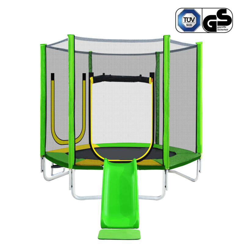 Kinder Trampolin Outdoor Ø 213 cm Gartentrampolin mit Rutsche, Leiter, Netz, Doppeltür und Gepolsterten Stangen,TÜV Zertifiziert,bis 100 kg