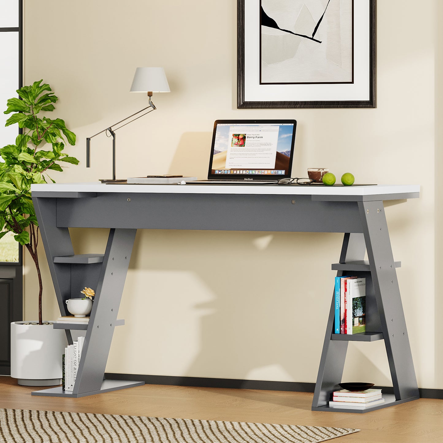 Einfacher Schreibtisch, Schreibtisch mit X-förmiger Halterung, Lagerregal mit sechs Positionen, stilvoll und robust, Grau + Weiß