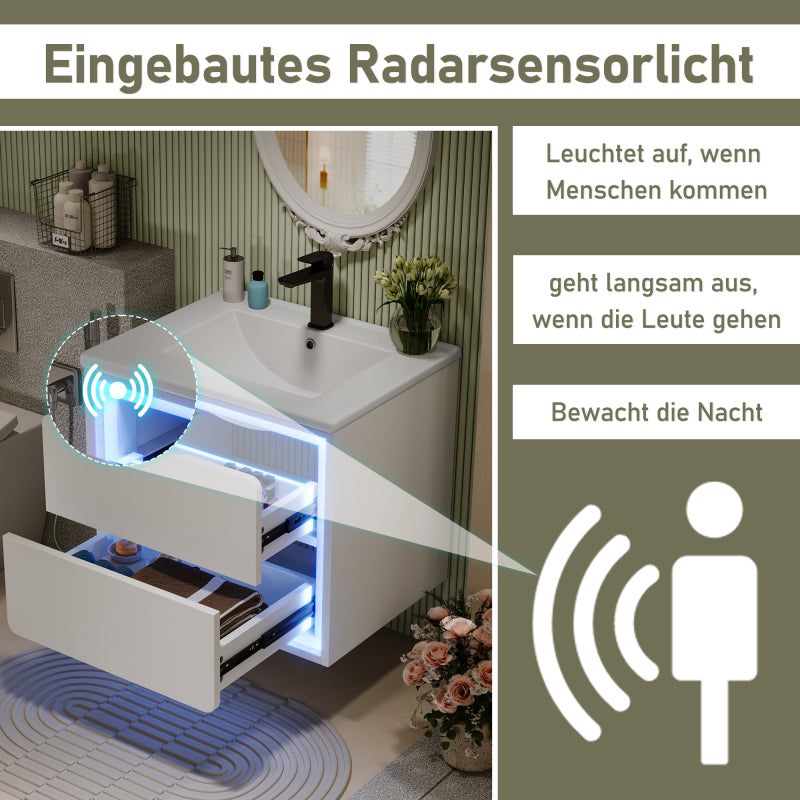 60x46x50cm Wandhängend Badezimmerschränke, komplett lackiert, LED-Radarsensor-Beleuchtung, zwei Schubladen, leise Gleitschienen, Waschtisch,integriertes Waschbecken, weiß