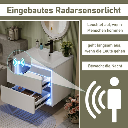 60x46x50cm Wandhängend Badezimmerschränke, komplett lackiert, LED-Radarsensor-Beleuchtung, zwei Schubladen, leise Gleitschienen, Waschtisch,integriertes Waschbecken, weiß