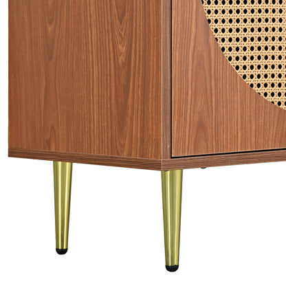 Sideboard mit 3 Rattan verzierten Türen Kommode Highboard mit Metallgriffe, für Schlafzimmer & Wohnräume & Büro, Nussbaum 129.8x 40x 76cm