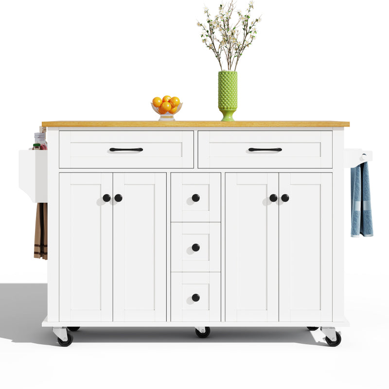 Multifunktionaler Küchenwagen mit ausklappbarer Arbeitsplatte, 120×65 cm erweiterbar, mit 5 Schubladen, Schränken, Gewürz- & Handtuchhalter, auf Rollen – Kücheninsel für Küche, Esszimmer & Wohnzimmer