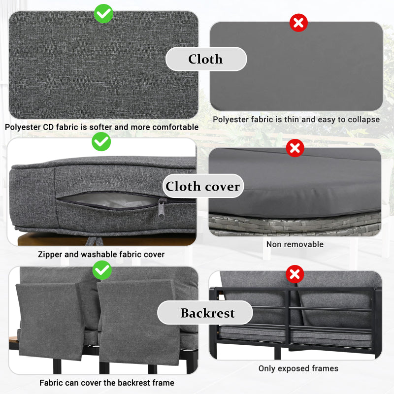 Garten-Lounge-Set (2 Zweisitzer, 2 Beistelltische, 1 Tisch), Tischplatte aus massiver Akazie, Stoffbezug für Rückenlehne, grau(previous sku:HW00005AAE)