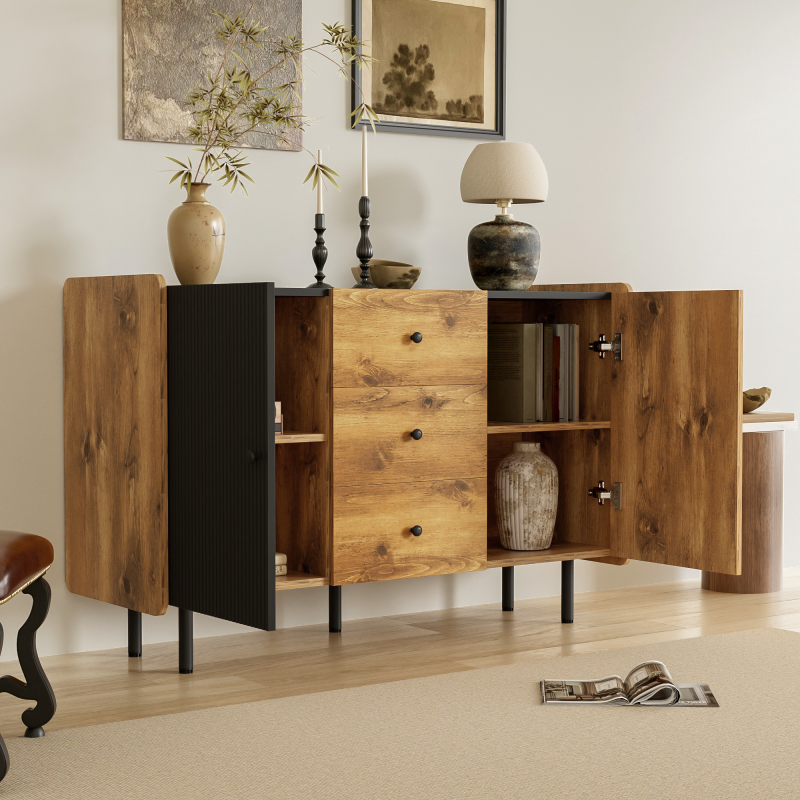 120 cm Schwarzer und Holzfarbener Sideboard - Moderner Stil, Zwei Türen und Drei Schubladen