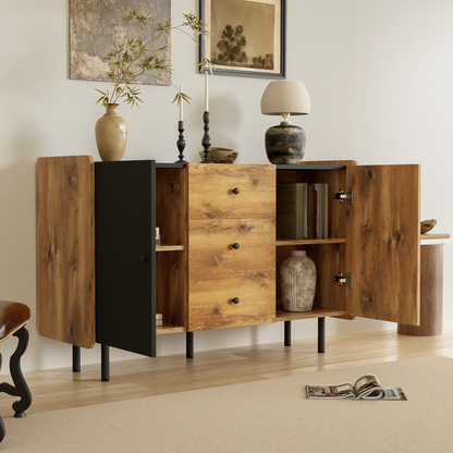 120 cm Schwarzer und Holzfarbener Sideboard - Moderner Stil, Zwei Türen und Drei Schubladen