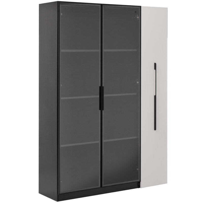 Multifunktionsschrank 110,5x35x160 cm, Schwarz-Weiß: Moderne Vitrine mit Glastür, LED, Seitenauszug, Rollschrank, ideal für Bücher, Bad, Esszimmer.