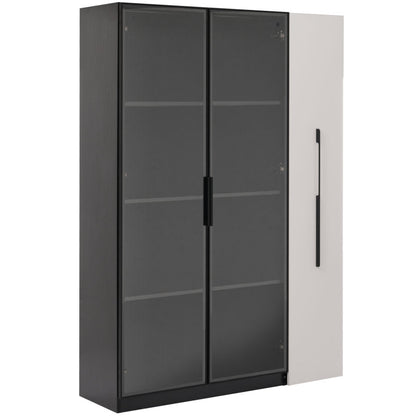 Multifunktionsschrank 110,5x35x160 cm, Schwarz-Weiß: Moderne Vitrine mit Glastür, LED, Seitenauszug, Rollschrank, ideal für Bücher, Bad, Esszimmer.
