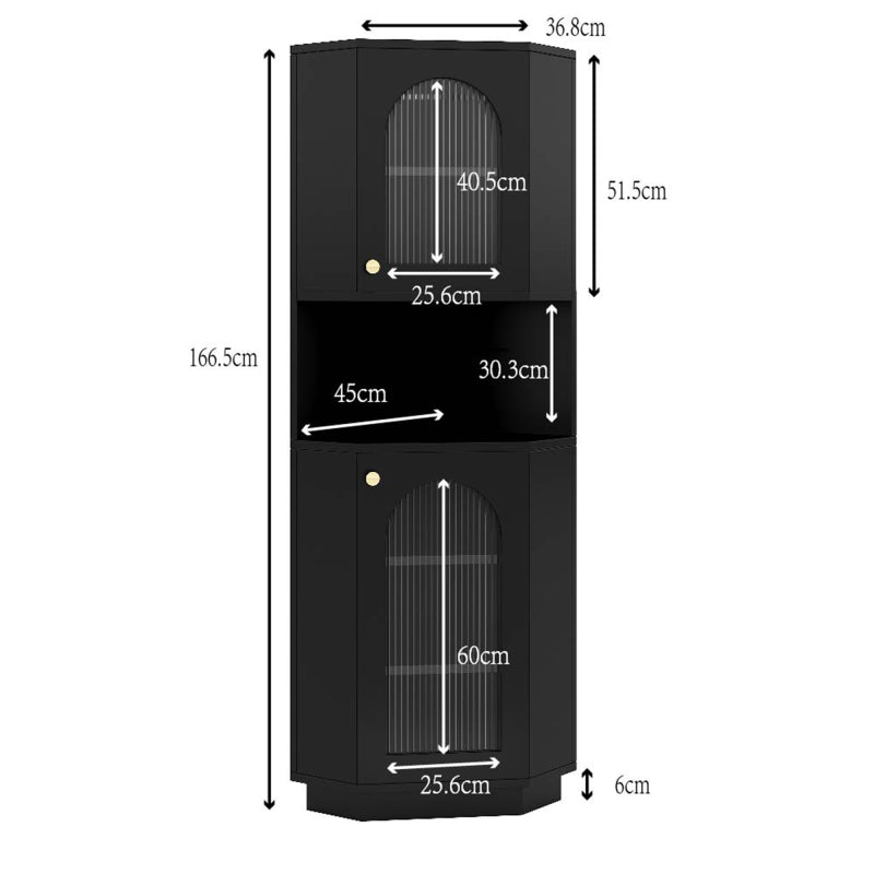 Badschrank mit Lichtleiste, Badmöbel, Eckschrank mit zwei Ablagefächern, offenes Fach mit verstellbaren Einlegeböden, 45x 45 x 166,5 cm, schwarz