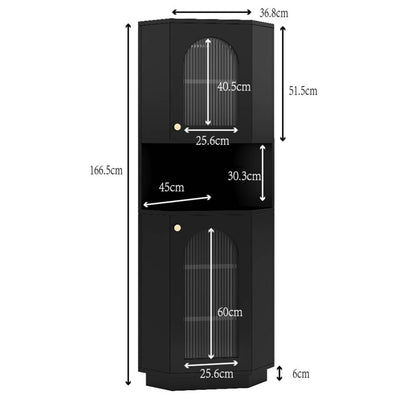 Badschrank mit Lichtleiste, Badmöbel, Eckschrank mit zwei Ablagefächern, offenes Fach mit verstellbaren Einlegeböden, 45x 45 x 166,5 cm, schwarz