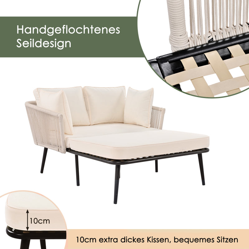 Gartensofa mit 2 Kissen und 2 Polster, Sonnenliege im Außenbereich, Gartenlounge, Kissen sind abnehmbar und waschbar, Beige