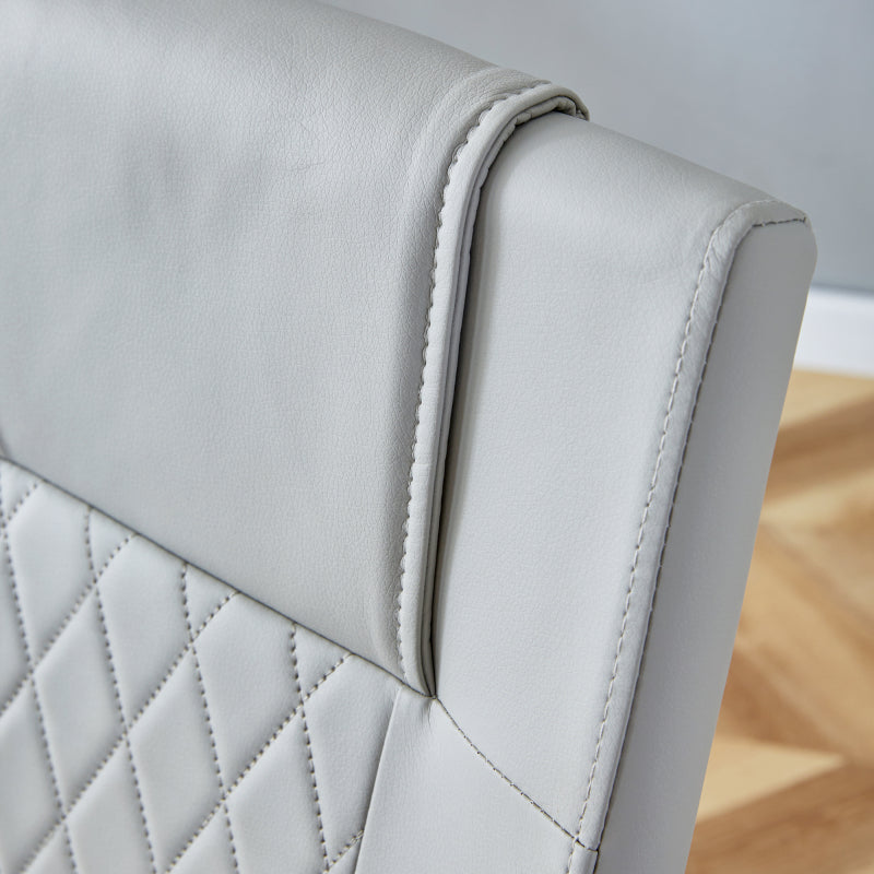 Nordic-Stil hellgrau PU Essstuhl (vier Stühle in einer Kiste) - Rücken mit Gitternäht Design, glänzende silberne Metallbeine