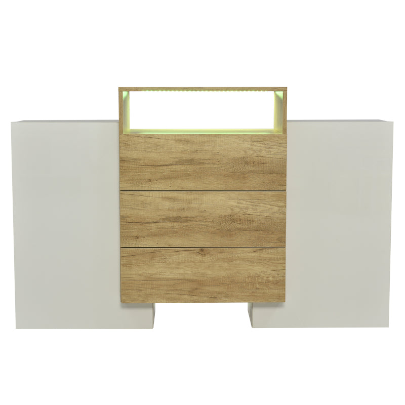Sideboard, Moderner Kommode, Schrank 140cm, Hochglanz-Weiß und Holzfarbe, Mehrfarbige LED-Lichteffekte. Stilvolle Aufbewahrungslösung (Teilweise glänzende Oberfläche)