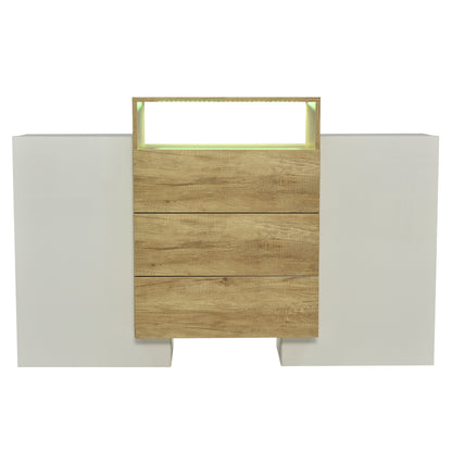 Sideboard, Moderner Kommode, Schrank 140cm, Hochglanz-Weiß und Holzfarbe, Mehrfarbige LED-Lichteffekte. Stilvolle Aufbewahrungslösung (Teilweise glänzende Oberfläche)