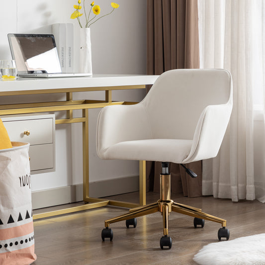 Neuer höhenverstellbarer Bürodrehstuhl aus Samtstoff für das Innenbüro mit goldenen Beinen, elfenbeinfarben