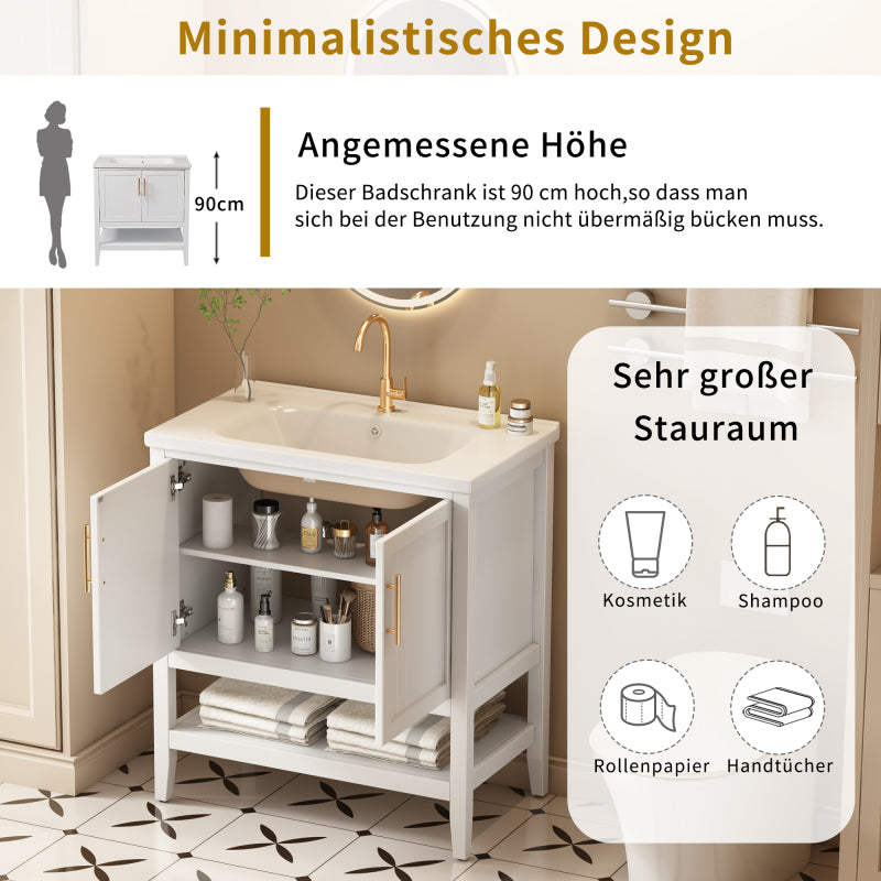 Badmöbel Einzel Waschtisch mit Unterschrank 80cm mit Keramik-Waschbecken,weiß
