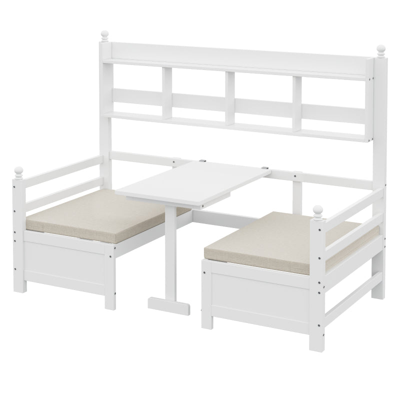 Multifunktionales Massivholz Schlafsofa 200x90 cm, 2-in-1 Bett und Schreibtisch, Frei Umbaubar, Mit Bücherregal Zur Aufbewahrung, Mit Bequemen Kissen, Gästebett Einzelholzbett, Weiß