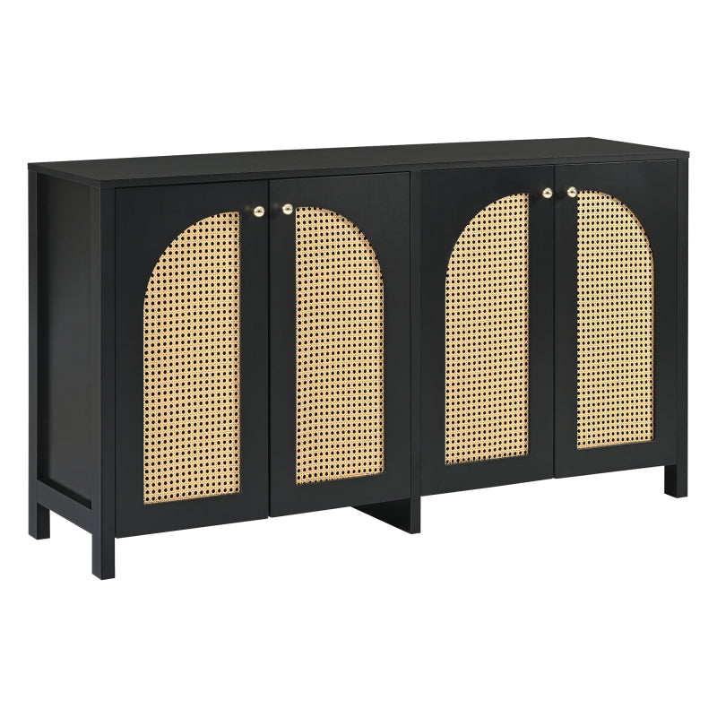 Modernes Sideboard im minimalistischen Stil 4-Rattantür, Metallgriff einfaches Buffetschrank für Esszimmer, Wohnzimmer, Küche (Schwarz)