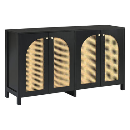 Modernes Sideboard im minimalistischen Stil 4-Rattantür, Metallgriff einfaches Buffetschrank für Esszimmer, Wohnzimmer, Küche (Schwarz)