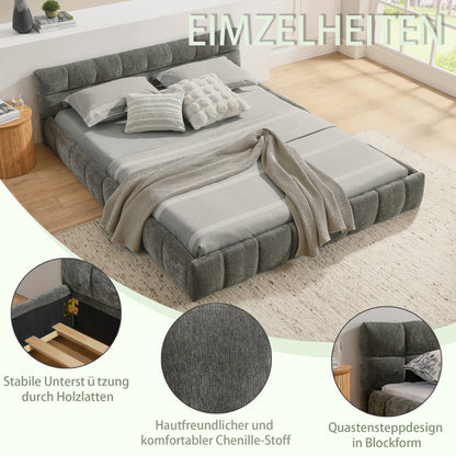 Doppelbett 140*200 cm, Bett mit seidig weichem Chenille - Bezug, quadratischem Steppdesign, Dark Gray (ohne Matratze)
