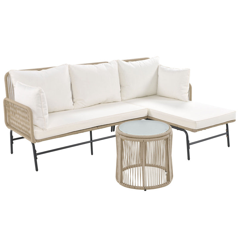 Gartenlounge-Set, Gartenmöbel-Set, Mit Eisenrahmen und beigem Seil, Gartenmöbel aus gewebtem Seil für den Außenbereich, Beige, Zwei Sessel, zwei 2-Sitzer-Sofas und zwei Tische (alle Kissen inklusive)