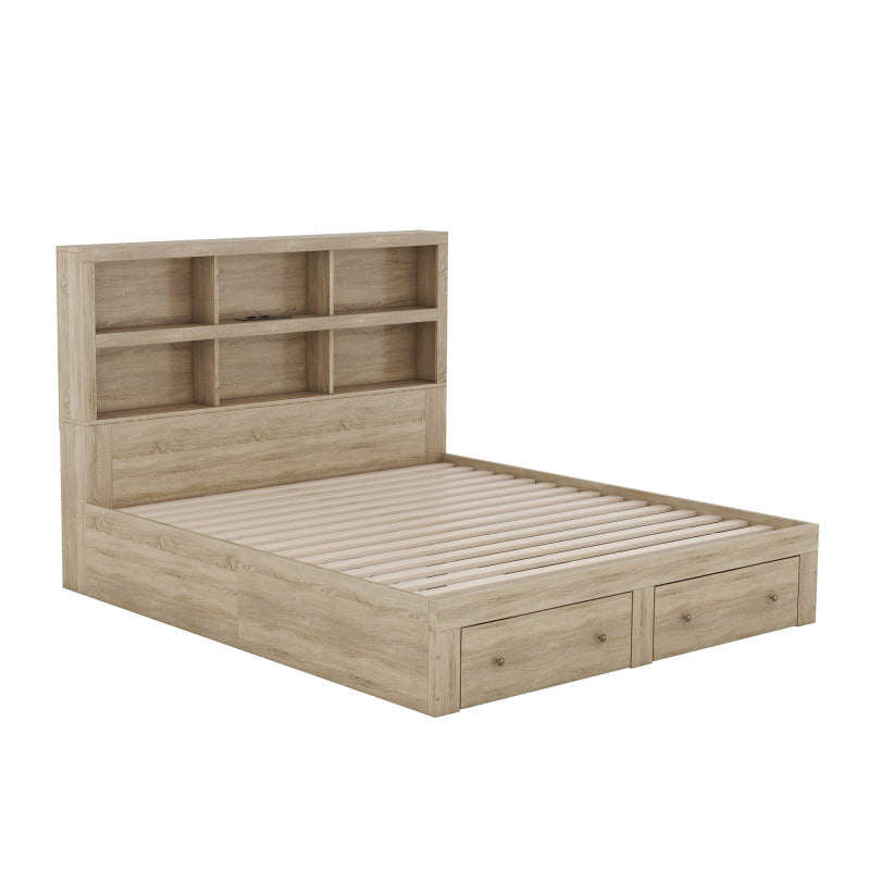 160*200 cm Doppelbett, Kingsize-Plattformbett mit zwei Schubladen am Fußende des Bettes, Kopfteil mit Stauraum, Natur