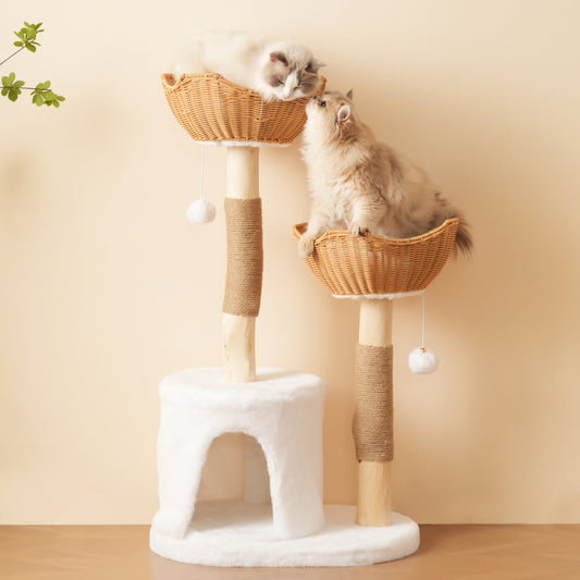 Katzenbaum aus Massivholz mit 2 Körben & Höhle, Naturholz & Sisal, mit Plüschball & dickem Kissen – Nachhaltig 108cm