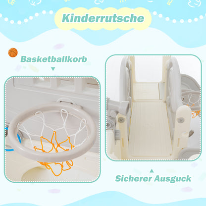 8 in 1 Kinderrutsche Kletterspielzeug, Multifunktionsrutsche mit 2 Rutschen, freistehende Rutsche, Klettern, Bohrspiel, Stauraum, Spielkorridor, Basketballkorb, Lasso-Spiel, Teleskop. Hergestellt aus
