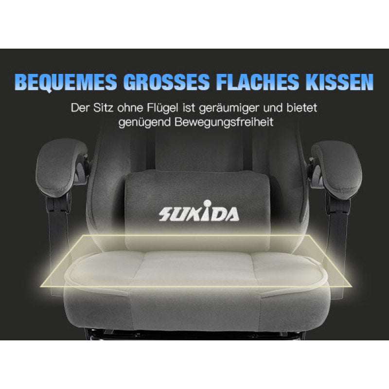 Gaming Stuhl Stoff, Ergonomischer Gaming Chair mit Fußstütze, Verstellbarer Racing Computerstuhl mit Lordosenstütze, Grau Ergonomisch PC-Stuhl