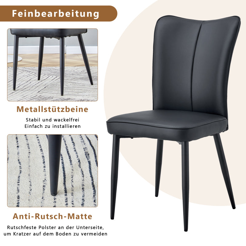 Moderner minimalistischer schwarzer Stuhl mit PU-Leder-Rückenpolster und schwarzen Metallbeinen, Eine Kiste mit zwei Stühlen.