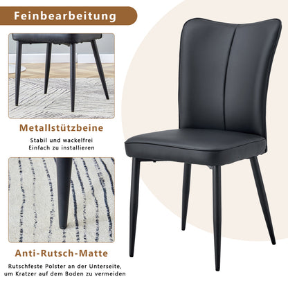 Moderner minimalistischer schwarzer Stuhl mit PU-Leder-Rückenpolster und schwarzen Metallbeinen, Eine Kiste mit zwei Stühlen.