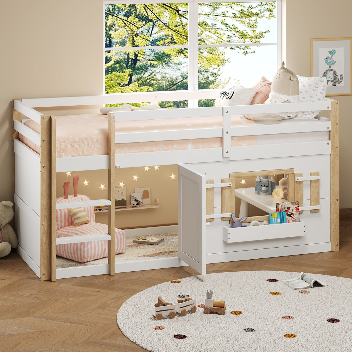 Mini-Etagenbett Weiß 90x200 cm, Kinderbett (110 cm hoch) aus Massivholz/MDF, Inkl. Lattenrost