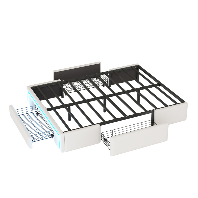 Bettgestell 140X200 mit Schubladen, PU-Leder Bett ohne Kopfteil Mit LED-Lichtleiste, MetalllattenPlattformbett für moderne Schlafzimmer Beige