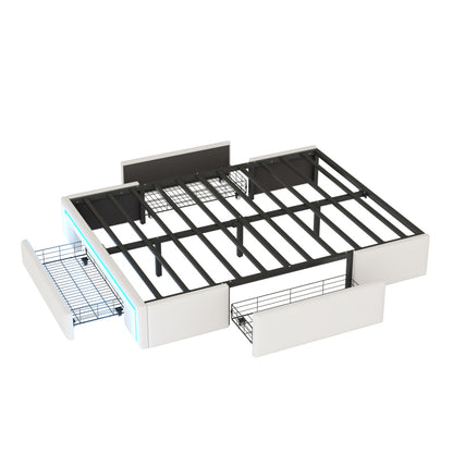 Bettgestell 140X200 mit Schubladen, PU-Leder Bett ohne Kopfteil Mit LED-Lichtleiste, MetalllattenPlattformbett für moderne Schlafzimmer Beige